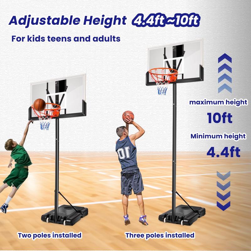 Portable Basketball Hoop with 44in Shatterproof Backboard, 4.4-10ft 12-Level Height Adjustable Basketball Hoops Stand System for Kids Adults in Outdoor Indoor, with Premium PC Backboard