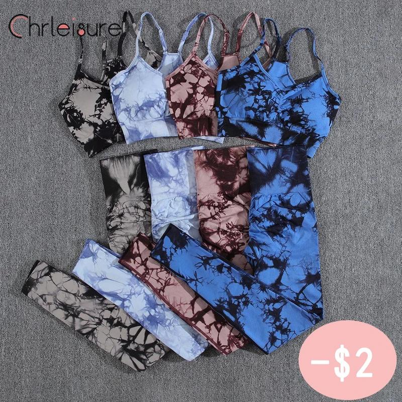 CHRLEISURE Yoga Set Women Seamless Tie Dye Fashion Push Up Bra Set Printing Aesthetic Fitness Gym High Waist Female Pants Set