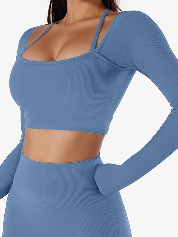 Women's Solid 2 in 1 Square Neck Crop Sports T-shirt, Sporty Long Sleeve Ribbed Cropped Top for Yoga Gym Workout Running, Ladies Sportswear for All Seasons, Fall Clothes 2024