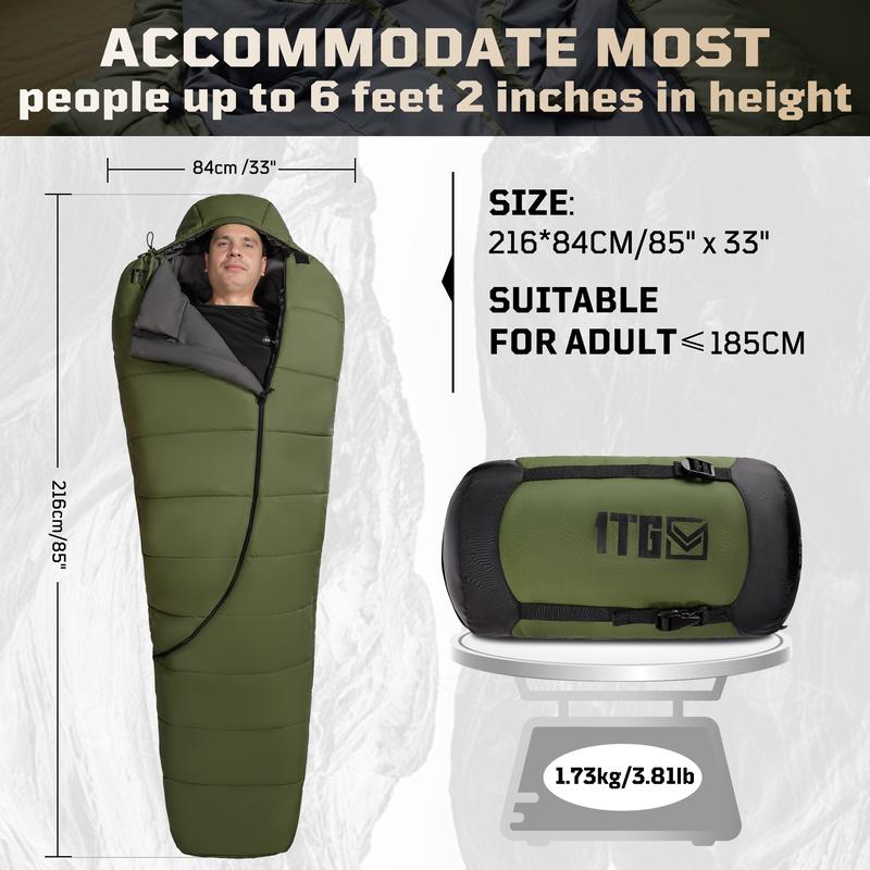 1TG Tactical Mummy Sleeping Bag, 26-36℉ All Season Camping Sleeping Bag for Adults Cold Weather with Adjustable Hood, Phone Pocket for Hiking, Traveling, and Outdoor Activities