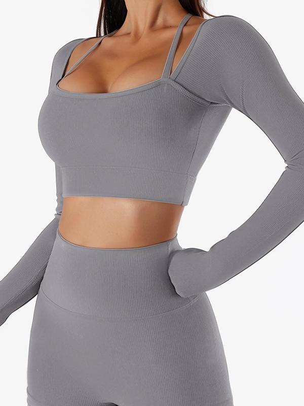 Women's Solid 2 in 1 Square Neck Crop Sports T-shirt, Sporty Long Sleeve Ribbed Cropped Top for Yoga Gym Workout Running, Ladies Sportswear for All Seasons, Fall Clothes 2024