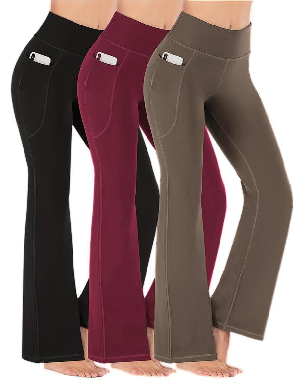 Women's 3pcs High Waist Pocket Flare Leg Leggings, Casual Comfy High Stretch Seamless Yoga Leggings, Ladies Sportswear Clothing for Indoor Outdoor Wear, Tummy Control
