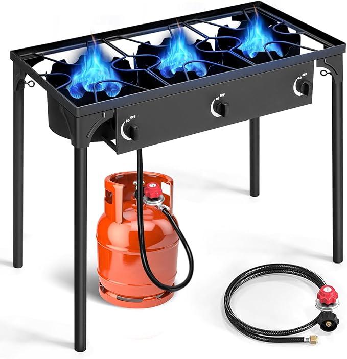 3 Burner Propane Gas Stove for Outdoor Cooking, 225,000 BTU Camping Cooker with Removable Legs, Temperature Control Knobs for Backyard Cooking, BBQ, Baking and Frying