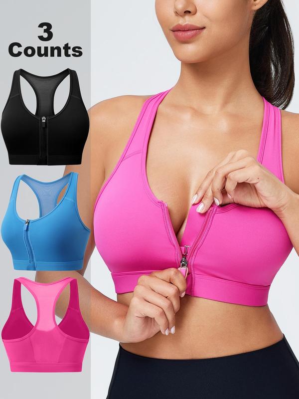 Women's Solid Zip Front Sports Bra, Breathable Comfortable Removable Chest Pads Wireless Sports Bra, Ladies Sportswear for Workout Fitness Running