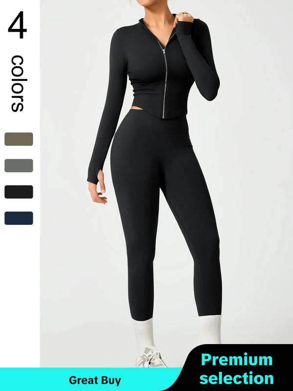Sporty Two-Piece Set Women's Solid Color Zip Up Mock Neck Jacket & High Waist Leggings, Sporty Thumb Hole Long Sleeve Outerwear & Skinny Pants Set for Yoga Gym Workout, Ladies Sportswear for Fall & Winter