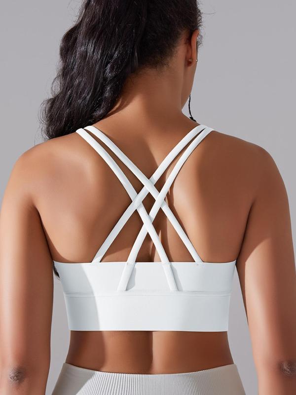 Women's Solid Criss Cross Back Sports Bra, Breathable Comfortable Wireless Workout Bra, Ladies Sportswear for Indoor Outdoor Wear