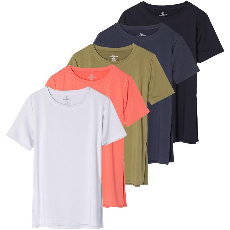 Real Essentials 5 Pack: Women's Short Sleeve Crew Relaxed Active T-Shirt Dry-Fit Yoga Top with Split Hem (Available in Plus)