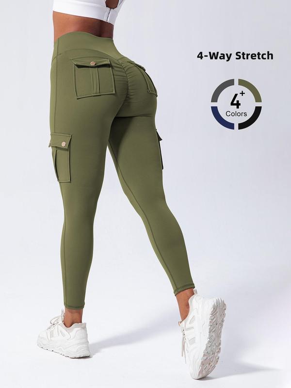 Women's Plain Pocket Button Skinny Pants, Casual Breathable Comfortable Leggings for Yoga Gym Workout, Ladies Sportswear for All Seasons