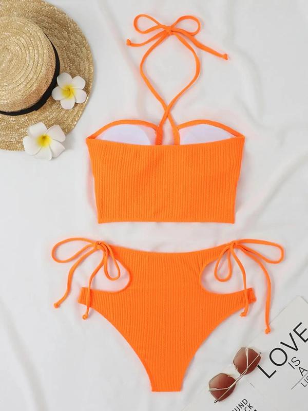 Women's Criss Cross Cut Out Ruched Ribbed Bikini Set, Solid Tie Back Halter Swim Top & High Waist Tie Side Swim Bottom, Swimsuits 2024 Women, Back to School Outfits, Bathing Suits for Summer Two Piece Set Women