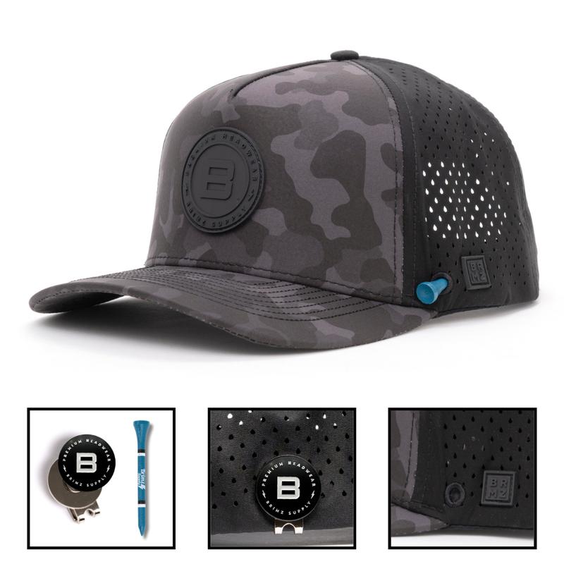 BRIMZ Golf Performance Hat - Breathable Sweat & Water Resistant Golfing Snapback Cap with Tee Holder & Magnetic Ball Marker (Dark Camo)