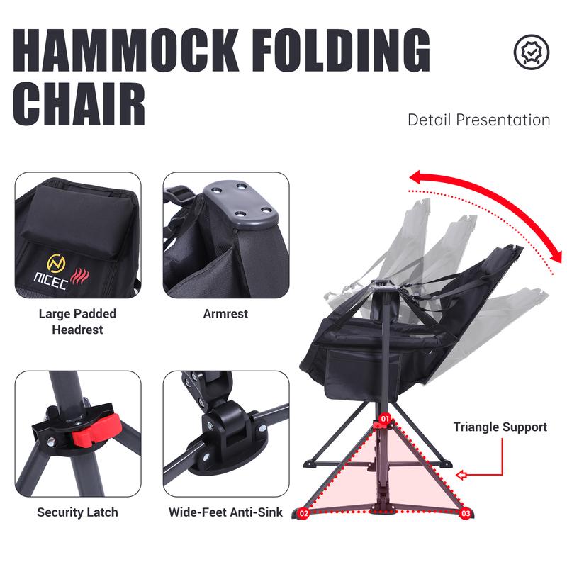 Comfort Heated Hammock Camping Chair with Folding Rocking Stand, High Back Support, Cup Holder, Side Pocket, and Heavy Duty