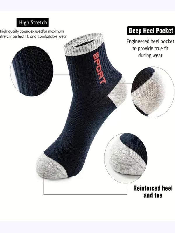 Men's Colorblock Letter Print Crew Socks, Casual Moisture Wicking Sports Socks, Soft Comfy Breathable Socks for All Seasons Daily Wear