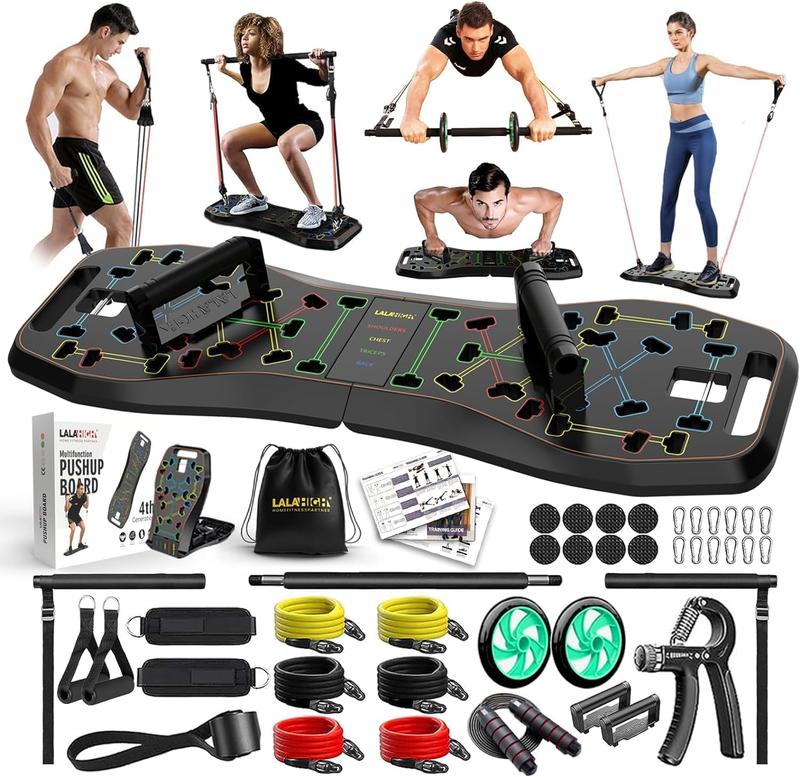 Portable Home Gym System: Large Compact Push Up Board, Pilates Bar & 20 Fitness Accessories with Resistance Bands & Ab Roller Wheel - Full Body Workout for Men and Women, Gift for Boyfriend