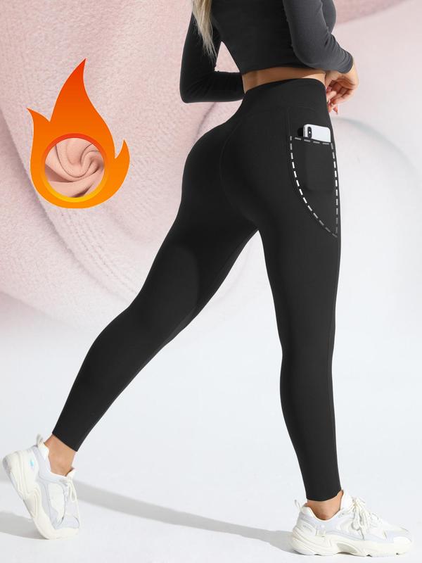 Women's Solid High Waist Pocket Sports Leggings, Casual Comfy Breathable Tummy Control Thermal Lined Skinny Pants for Yoga Gym Workout Running, Ladies Sportswear for Fall & Winter