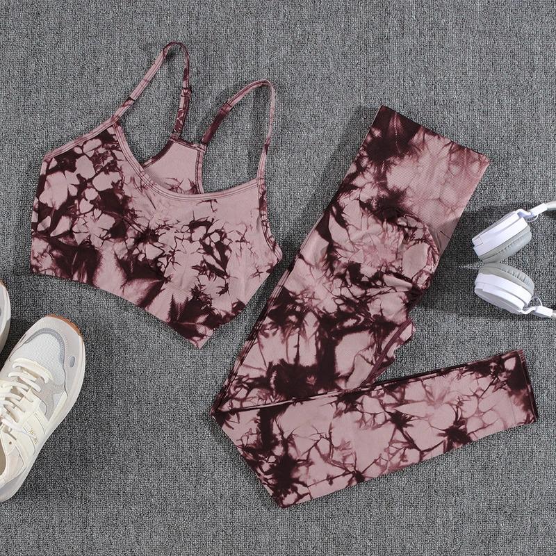 CHRLEISURE Yoga Set Women Seamless Tie Dye Fashion Push Up Bra Set Printing Aesthetic Fitness Gym High Waist Female Pants Set