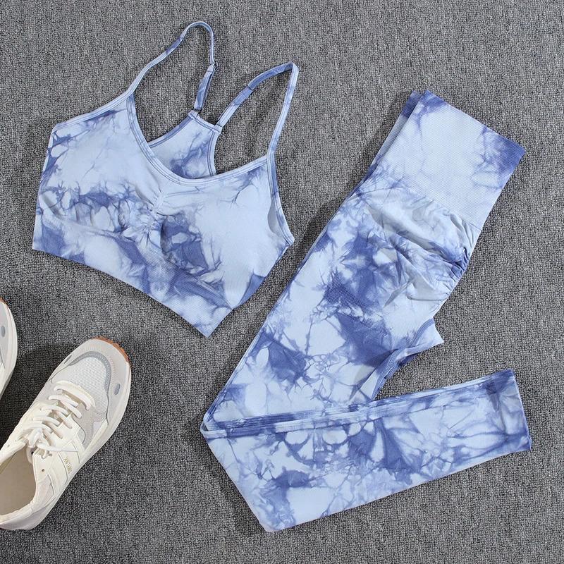 CHRLEISURE Yoga Set Women Seamless Tie Dye Fashion Push Up Bra Set Printing Aesthetic Fitness Gym High Waist Female Pants Set