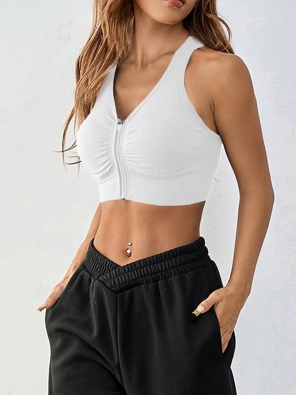 Women's Solid Ruched Cut Out Zipper Front Crop Sports Vest, Casual Comfortable Breathable V Neck Sleeveless Cropped Sports Top for Yoga Gym Workout, Running Vest, Gym Vest, Ladies Sportswear Clothing for Indoor Outdoor Wear