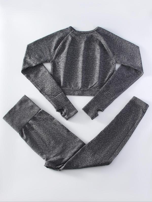 Women's Solid Raglan Sleeve Thumb Hole Design Crop Top & High Waist Leggings Tracksuit Set, Sporty Breathable Comfy Outfits for Yoga Gym Workout Running, Ladies Spring & Fall Clothes