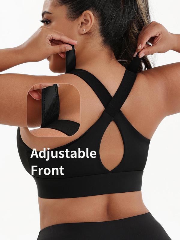  Criss Cross Zipper Front Sports Bra, Solid Adjustable Strap Wireless Sports Bra, High Stretch Yoga Bra, Women's Sport & Outdoor Clothing for Indoor Outdoor Wear