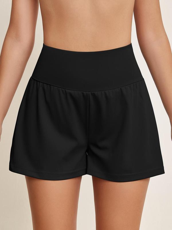 Women's 2 in 1 High Waist Sports Gym Shorts, Solid Color Wide Waistband Pocket Design Shorts, Back To School Outfits, Ladies Sportswear for Indoor Outdoor Wear, Gym Shorts