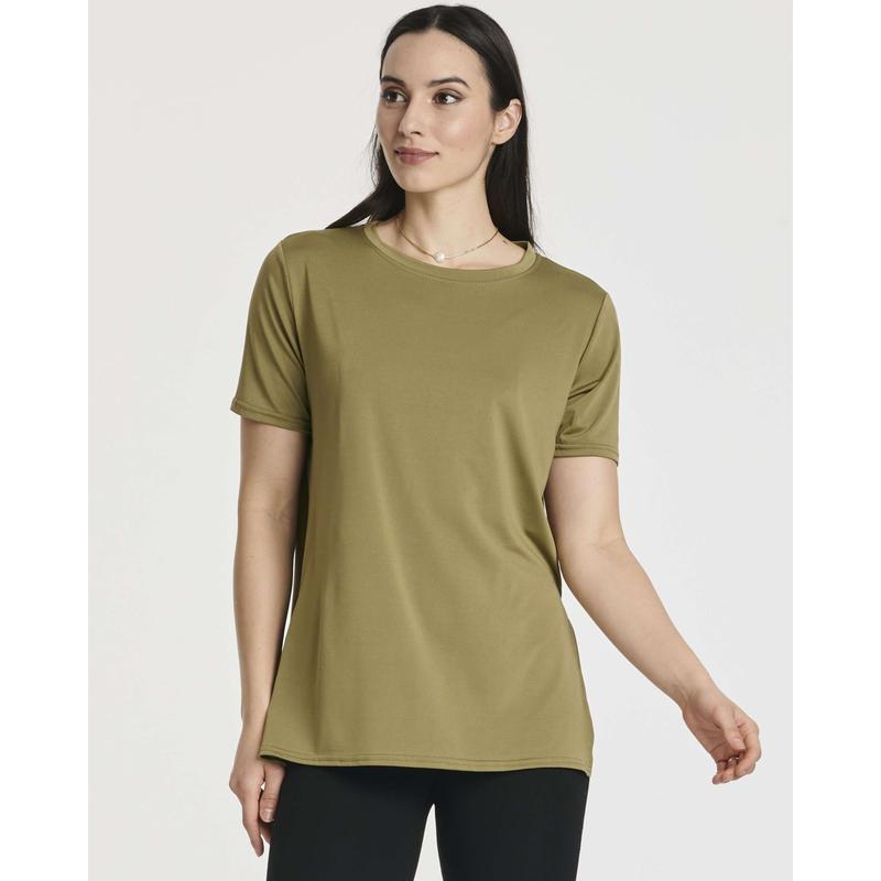 Real Essentials 5 Pack: Women's Short Sleeve Crew Relaxed Active T-Shirt Dry-Fit Yoga Top with Split Hem (Available in Plus)