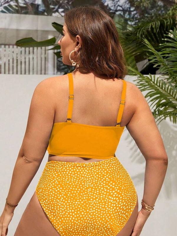 Plus Size Women Solid Color Cross Strap Tank Top With Polka Dot Ruched Bikini Bottom Set For Vacation,Summer Beach