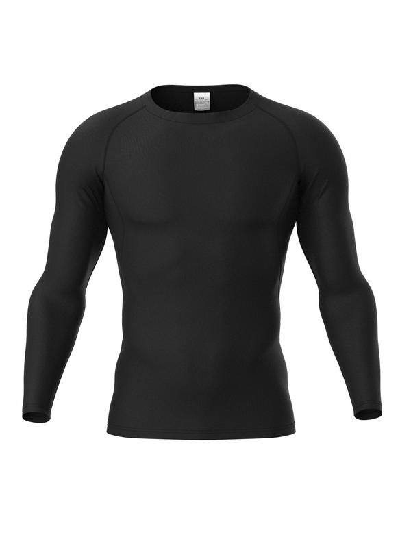 Men's Solid Color Round Neck Sports Tee, Quick Drying Breathable Long Sleeve Compression T-shirt for Running Basketball Football Training, Men's Sportswear for Spring & Fall