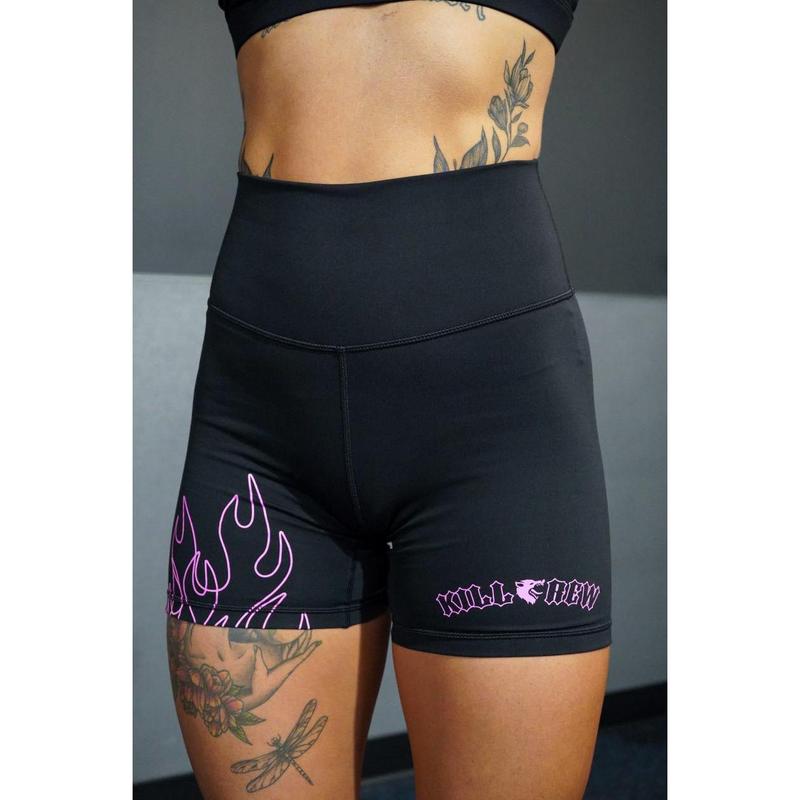 [Kill Crew] Scrunch Biker Shorts Flames - Black   White, Womens Compression Gym Shorts, XXS-3XL