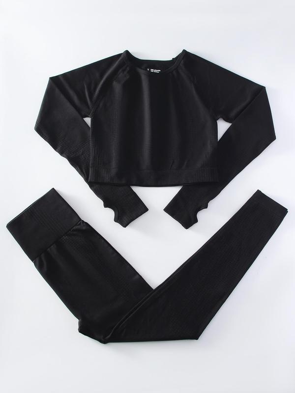 Women's Solid Raglan Sleeve Thumb Hole Design Crop Top & High Waist Leggings Tracksuit Set, Sporty Breathable Comfy Outfits for Yoga Gym Workout Running, Ladies Spring & Fall Clothes