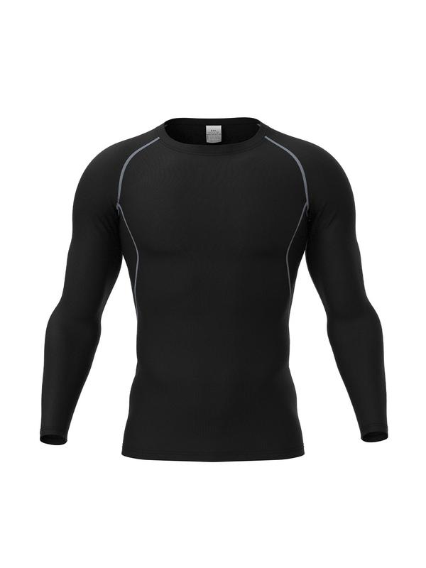 Men's Solid Color Round Neck Sports Tee, Quick Drying Breathable Long Sleeve Compression T-shirt for Running Basketball Football Training, Men's Sportswear for Spring & Fall