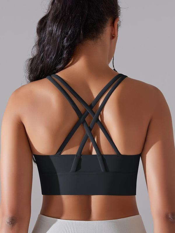 Women's Solid Criss Cross Back Sports Bra, Breathable Comfortable Wireless Workout Bra, Ladies Sportswear for Indoor Outdoor Wear