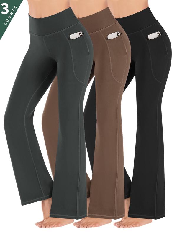 Women's 3pcs High Waist Pocket Flare Leg Leggings, Casual Comfy High Stretch Seamless Yoga Leggings, Ladies Sportswear Clothing for Indoor Outdoor Wear, Tummy Control