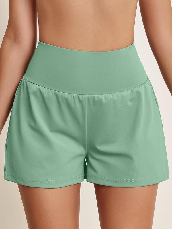 Women's 2 in 1 High Waist Sports Gym Shorts, Solid Color Wide Waistband Pocket Design Shorts, Back To School Outfits, Ladies Sportswear for Indoor Outdoor Wear, Gym Shorts