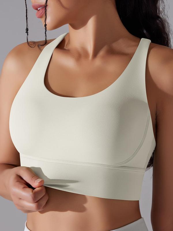 Women's Solid Criss Cross Back Sports Bra, Breathable Comfortable Wireless Workout Bra, Ladies Sportswear for Indoor Outdoor Wear