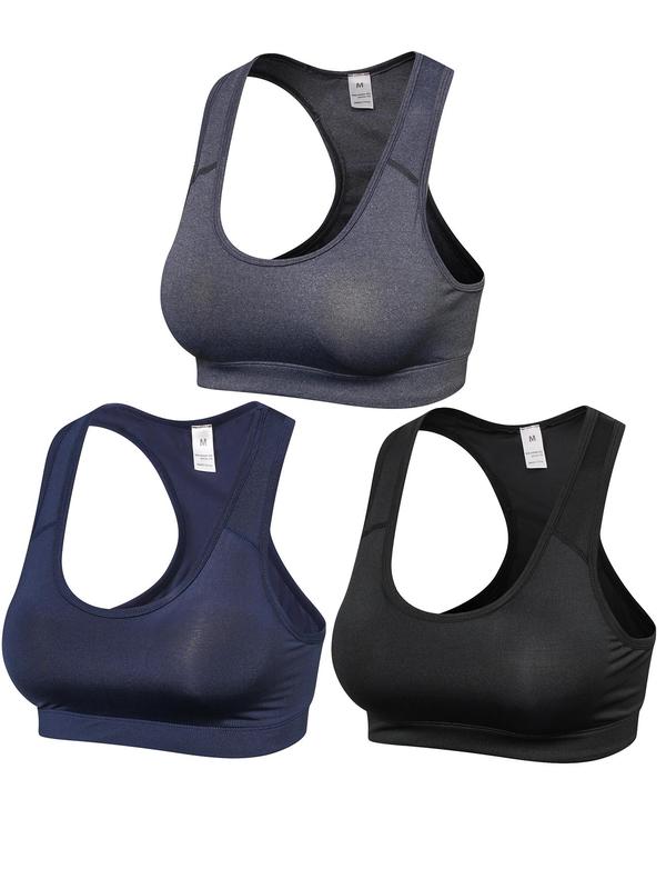 Women's 3pcs Solid Wireless Sports Bra with Removable Pads, Breathable Comfortable Push Up Bra, Ladies Sportswear for Indoor Outdoor Wear