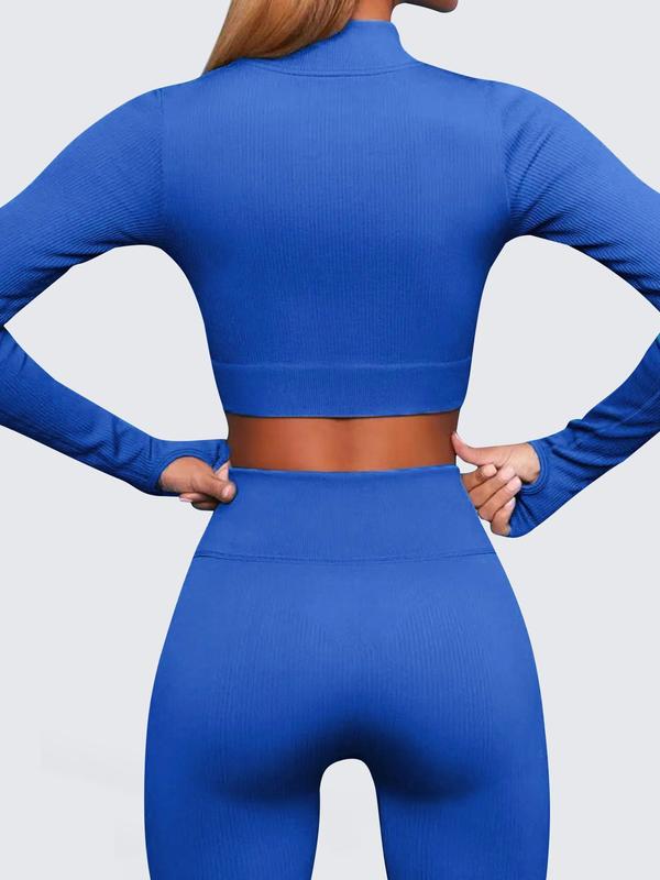 Two-Piece Set Women's Solid Half Zipper Tracksuit Set, Long Sleeve Crop Top & Drawstring High Waist Skinny Pants, Sportswear Clothing for Indoor Outdoor Wear