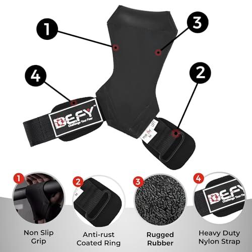 DEFY Weight Lifting Grips for Powerlifting – Anti-Slip Neoprene Gym Grips with Padded Wrist Straps – Lifting Straps for Deadlifts, Cross Training, Gymnastics & Pull Ups (Small)