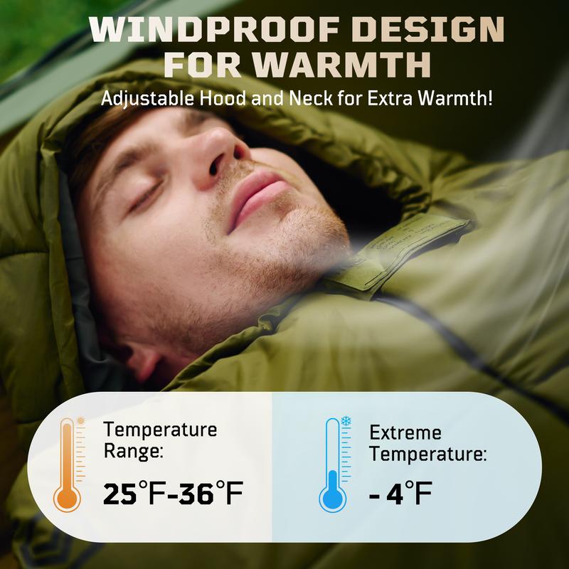 1TG Tactical Mummy Sleeping Bag, 26-36℉ All Season Camping Sleeping Bag for Adults Cold Weather with Adjustable Hood, Phone Pocket for Hiking, Traveling, and Outdoor Activities