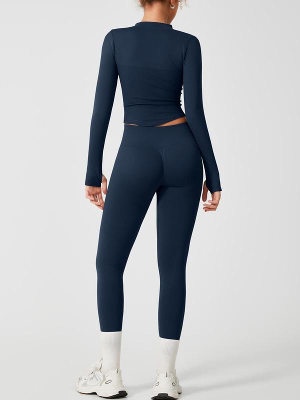 Sporty Two-Piece Set Women's Solid Color Zip Up Mock Neck Jacket & High Waist Leggings, Sporty Thumb Hole Long Sleeve Outerwear & Skinny Pants Set for Yoga Gym Workout, Ladies Sportswear for Fall & Winter
