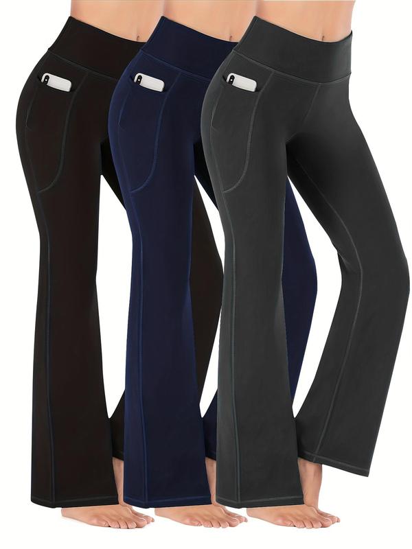 Women's 3pcs High Waist Pocket Flare Leg Leggings, Casual Comfy High Stretch Seamless Yoga Leggings, Ladies Sportswear Clothing for Indoor Outdoor Wear, Tummy Control