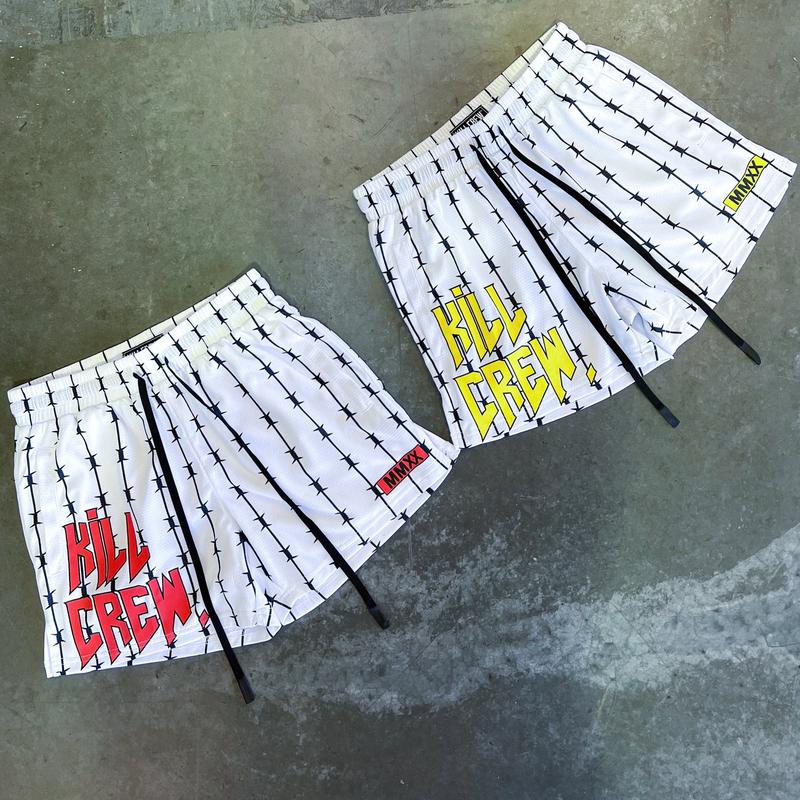 [Kill Crew] Muay Thai Shorts Barbwire - White   Red, Unisex, Mid Thigh Cut, Pockets, Gym Shorts, Elastic Waistband, Long drawcord with wax tips