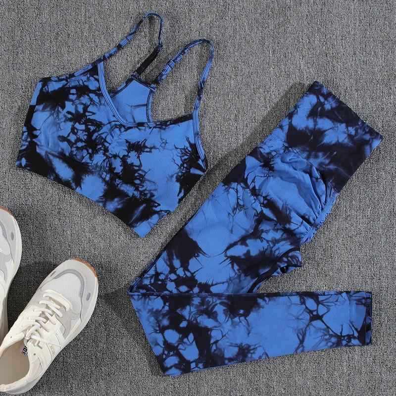 CHRLEISURE Yoga Set Women Seamless Tie Dye Fashion Push Up Bra Set Printing Aesthetic Fitness Gym High Waist Female Pants Set