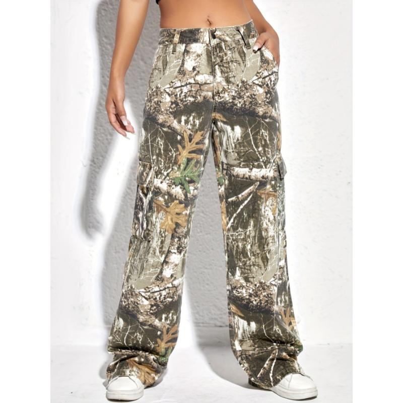 Women's Camo Cargo Pants High Waist Baggy Wide Leg Camouflage Army Fatigue Slim Fit Pockets Joggers Sweatpants