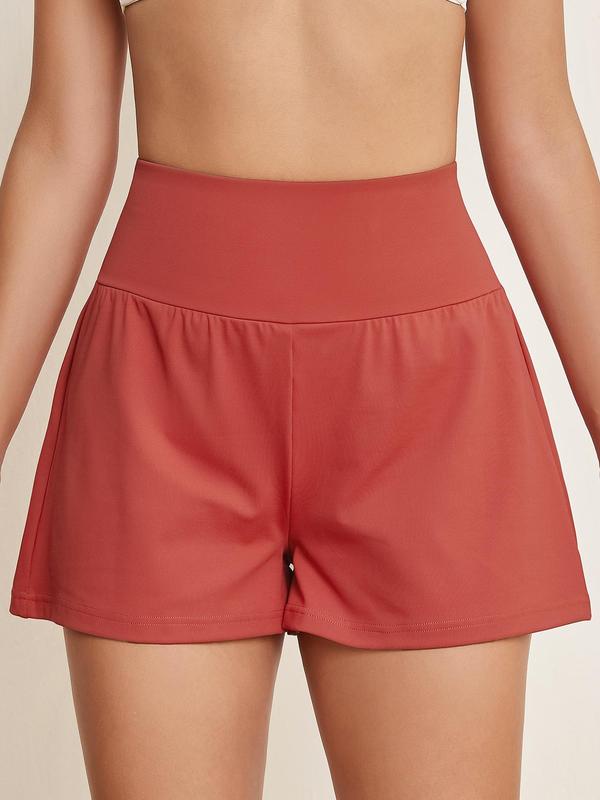 Women's 2 in 1 High Waist Sports Gym Shorts, Solid Color Wide Waistband Pocket Design Shorts, Back To School Outfits, Ladies Sportswear for Indoor Outdoor Wear, Gym Shorts