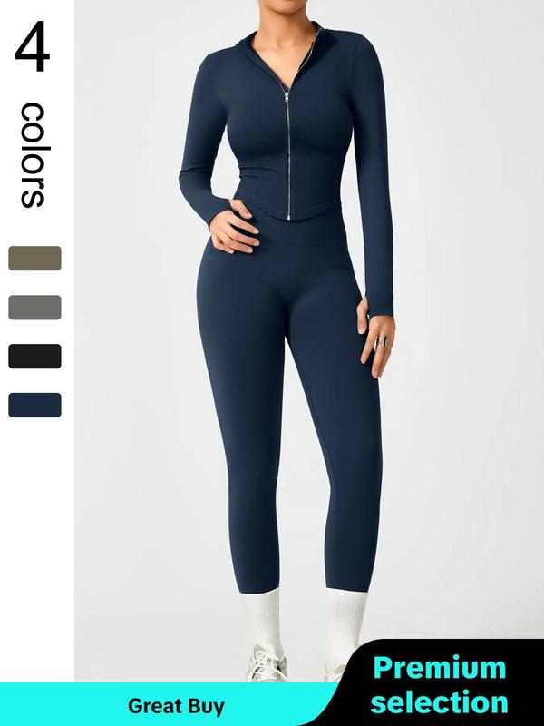 Sporty Two-Piece Set Women's Solid Color Zip Up Mock Neck Jacket & High Waist Leggings, Sporty Thumb Hole Long Sleeve Outerwear & Skinny Pants Set for Yoga Gym Workout, Ladies Sportswear for Fall & Winter