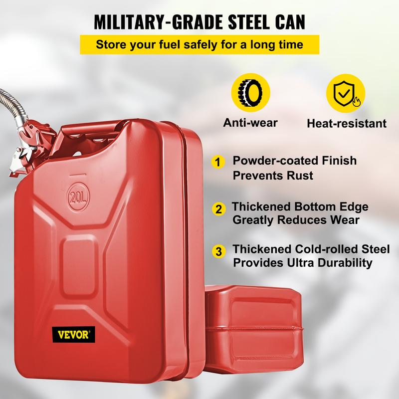 VEVOR Jerry Fuel Can 1 Piece, 5.3 Gallon   20 L Portable Jerry Gas Can with Flexible Spout System, Rustproof ＆ Heat-resistant Steel Fuel Tank for Cars Trucks Equipment, Red