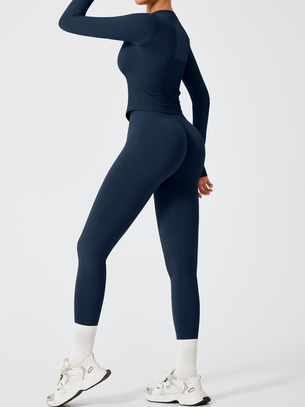 Sporty Two-Piece Set Women's Solid Color Zip Up Mock Neck Jacket & High Waist Leggings, Sporty Thumb Hole Long Sleeve Outerwear & Skinny Pants Set for Yoga Gym Workout, Ladies Sportswear for Fall & Winter