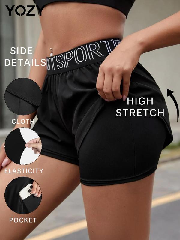 YOZY 2 in 1 Letter Tape High Waist Shorts  Casual Comfy Breathable Shorts, 2024 Women's Summer Bottoms for Indoor, Outdoor, Yoga, Gym, Running Wear