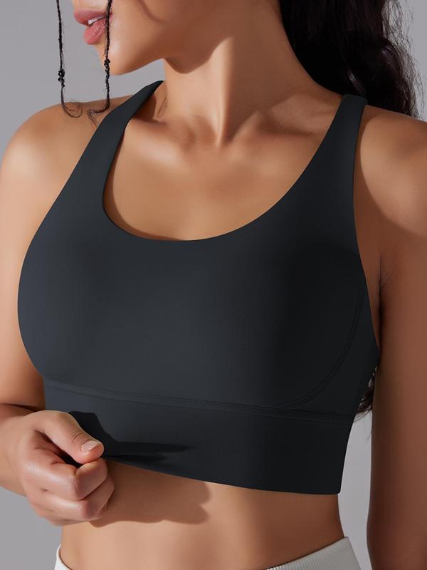 Women's Solid Criss Cross Back Sports Bra, Breathable Comfortable Wireless Workout Bra, Ladies Sportswear for Indoor Outdoor Wear