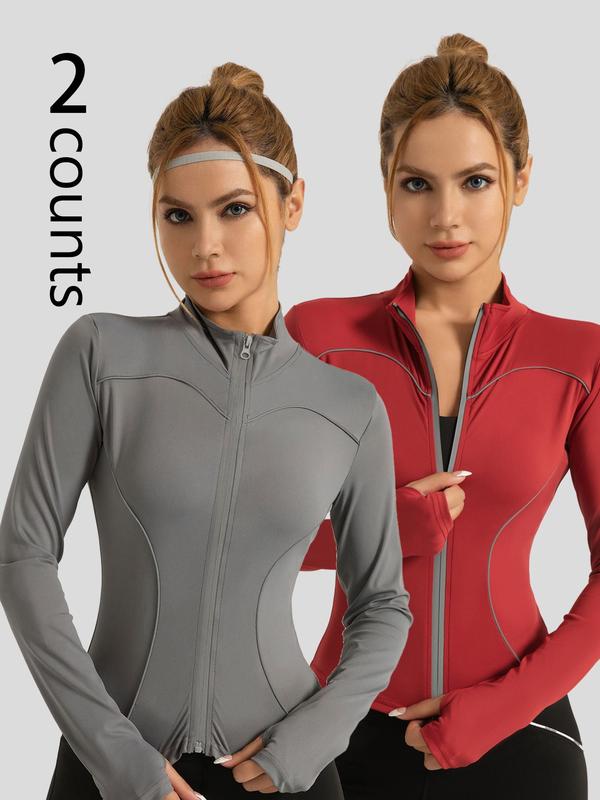 Women's Solid Zip Up Sports Jackets, Sporty Long Sleeve Stand Collar Outerwear for Yoga Gym Workout, Ladies Sportswear for All Seasons